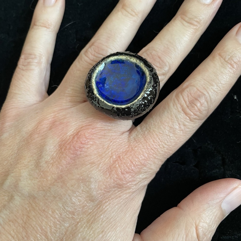 Chunky Cobalt Black Round Chunky Handmade Artisan Ceramic Glass Ring Adjustable